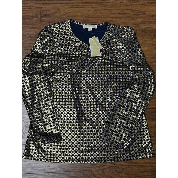 Michael Kors Women’s Blue And Gold Dress Shirt XL New With Tags Retails $88 - Picture 2 of 4